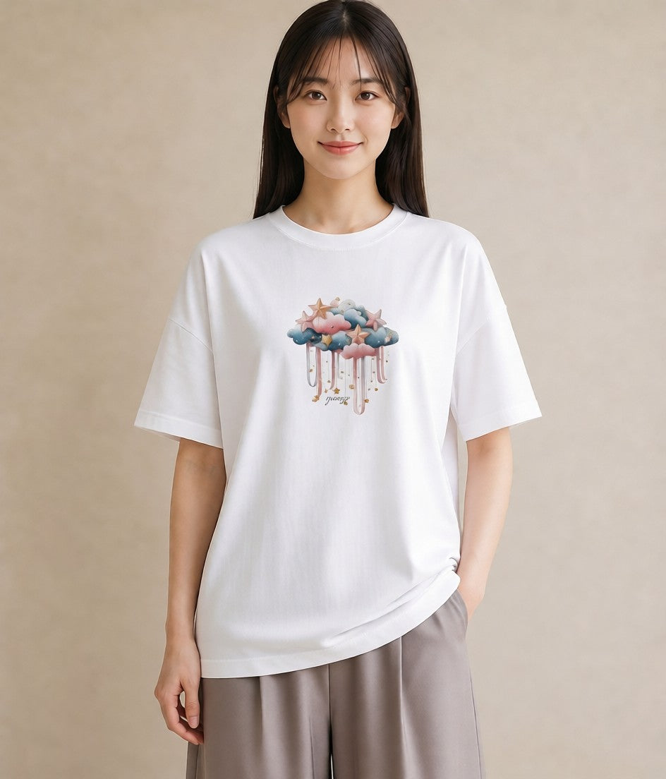プリントTシャツ レディース 星空 宇宙 イラスト カフェ服 クリスマス 白T YMAZO