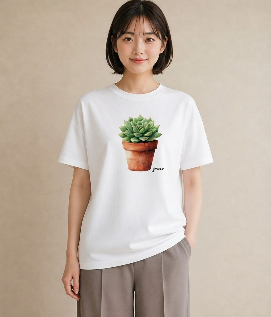 デザインTシャツ レディース 多肉植物 植物 ボタニカル イラスト シンプル 公園 ママ 白T YMAZO