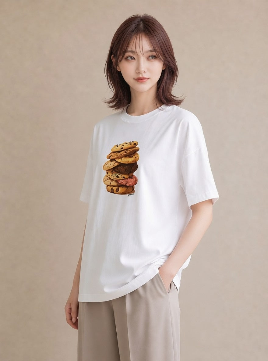 プリントTシャツ レディース クッキー 食べ物 フード イラスト ラフ 女性向けギフト 散歩 白T YMAZO