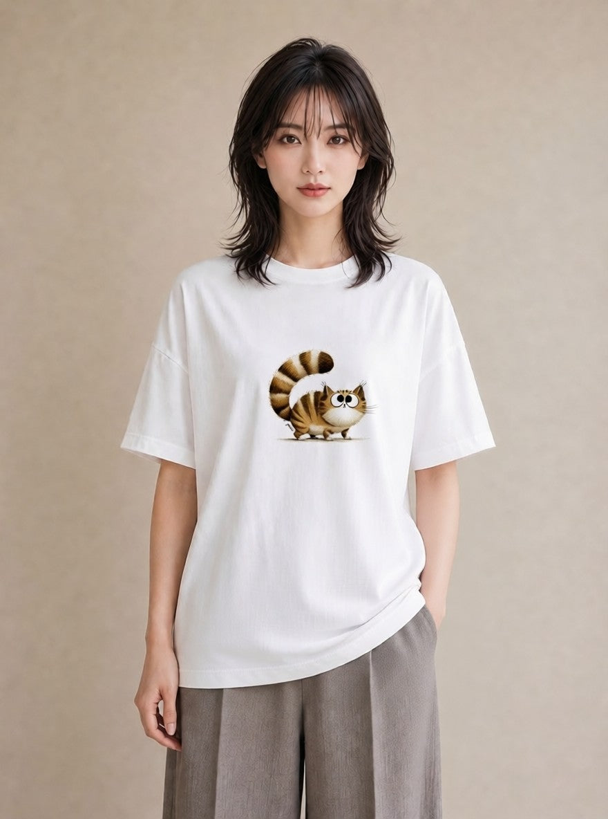 半袖Tシャツ レディース キジトラ 猫 ねこ イラスト ヴィンテージ風 海 カフェ巡り 白T YMAZO