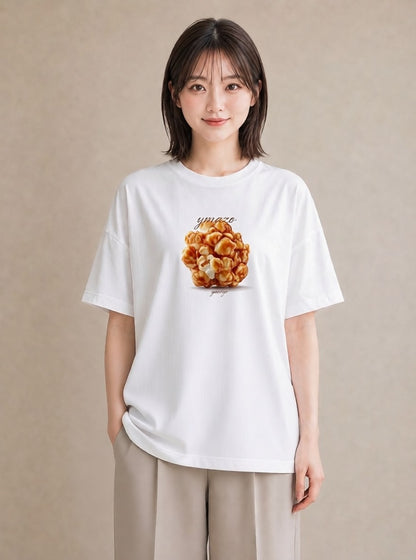 デザインTシャツ レディース ポップコーン 食べ物 フード イラスト きれいめカジュアル 在宅 公園 白T YMAZO