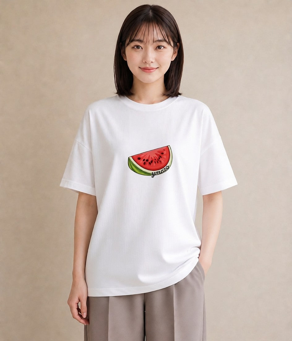 プリントTシャツ レディース すいか 食べ物 フード イラスト カフェコーデ ラフ レイヤード 白T YMAZO