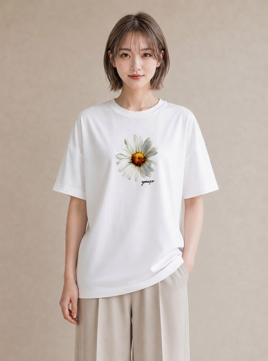デザインTシャツ レディース マーガレット 花 花柄 イラスト フェミニン 夏コーデ 通学 白T YMAZO