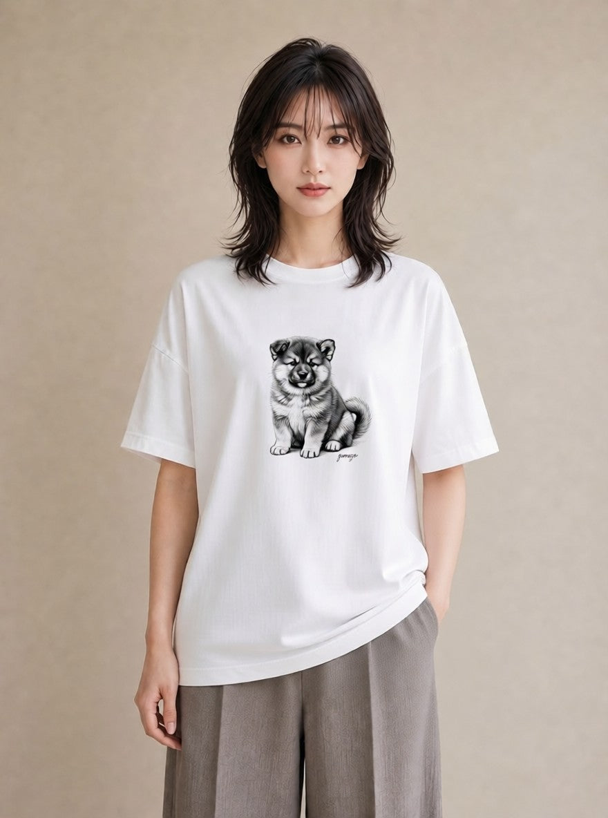 半袖Tシャツ レディース 秋田犬 犬 いぬ イラスト 抜け感 カジュアルコーデ 買い物 白T YMAZO