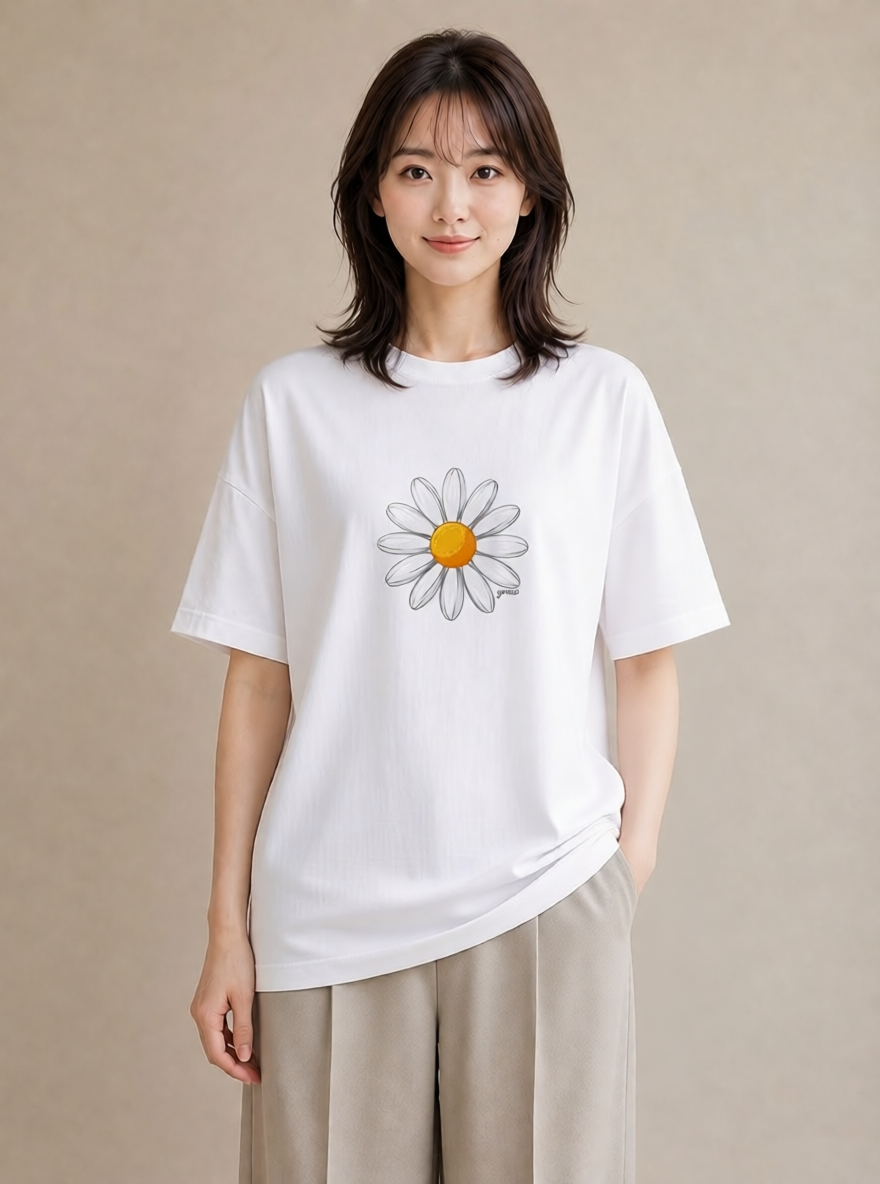 グラフィックTシャツ レディース マーガレット 花 花柄 イラスト 淡色 ラフ レイヤード 白T YMAZO