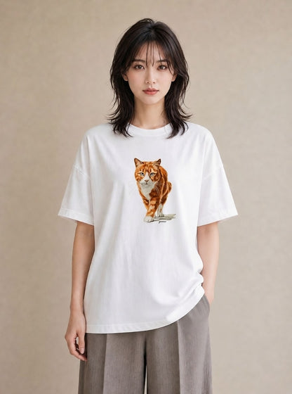 デザインTシャツ レディース 茶トラ 茶猫 猫 ねこ イラスト カフェコーデ 社会人 女性 白T YMAZO
