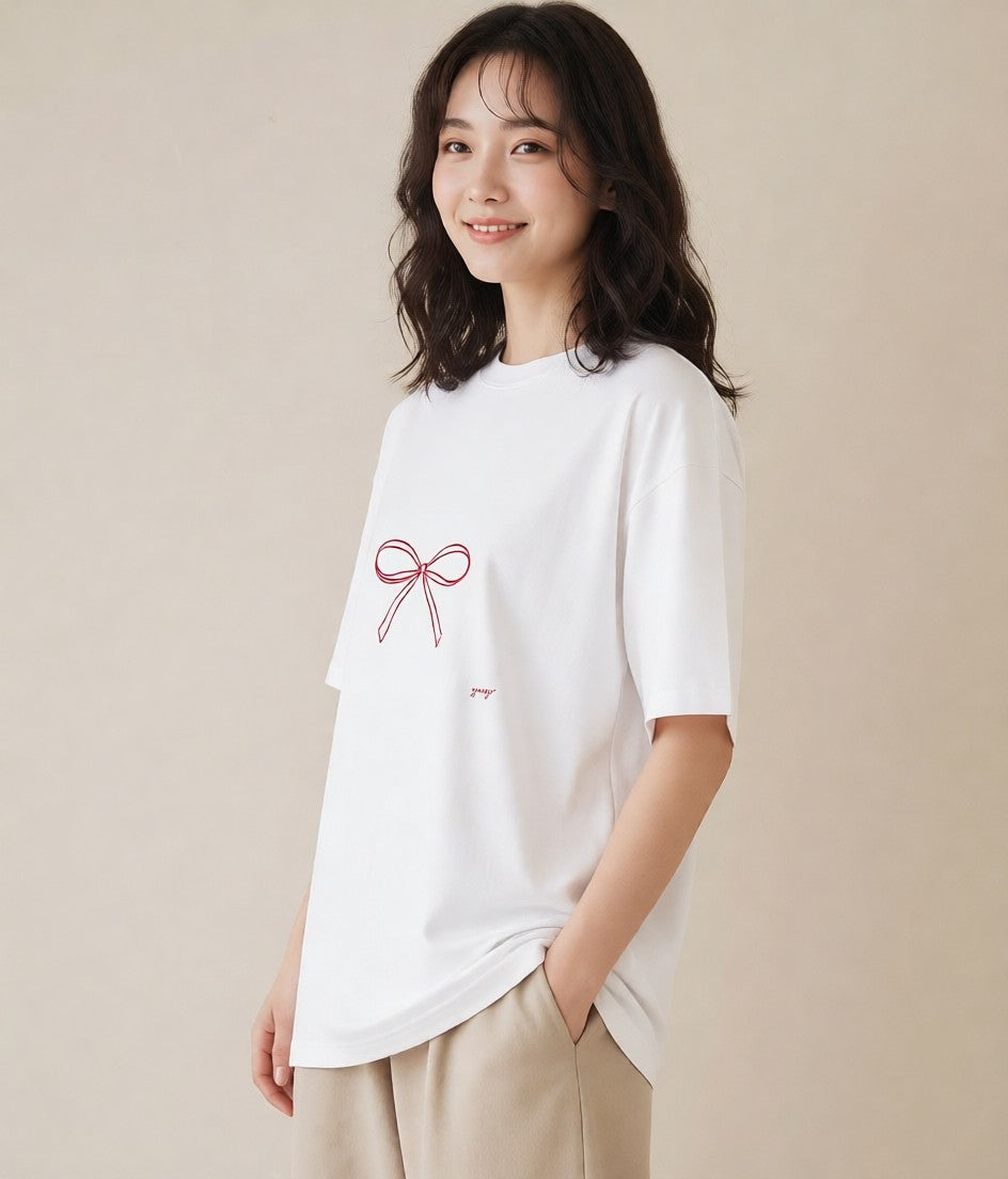 プリントTシャツ レディース リボン 蝶結び ナチュラル アンティーク イラスト 線画 20代 カジュアルコーデ 白T YMAZO