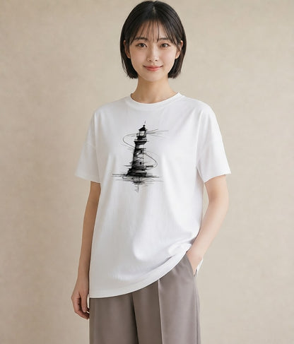 デザインTシャツ レディース 灯台 霧 海 ナチュラル アンティーク イラスト 上品 夏コーデ 通学 白T YMAZO