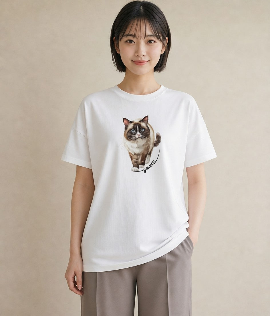 Tシャツ レディース ブリティッシュショートヘア 猫 ねこ イラスト 線画 親子 20代 白T YMAZO
