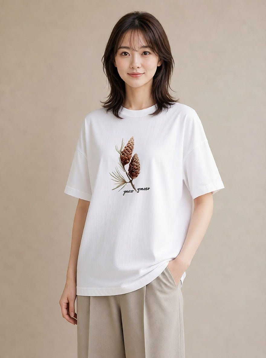 デザインTシャツ レディース どんぐり 植物 ボタニカル イラスト レトロ お出かけ 普段着 白T YMAZO