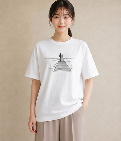 プリントTシャツ レディース 桟橋 水辺 波止場 ナチュラル アンティーク イラスト 線画 レイヤード 友達ギフト 白T YMAZO