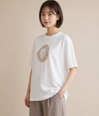 半袖Tシャツ レディース レースハンカチ レース ハンカチ ナチュラル アンティーク イラスト ユニーク ペアコーデ 秋コーデ 白T YMAZO