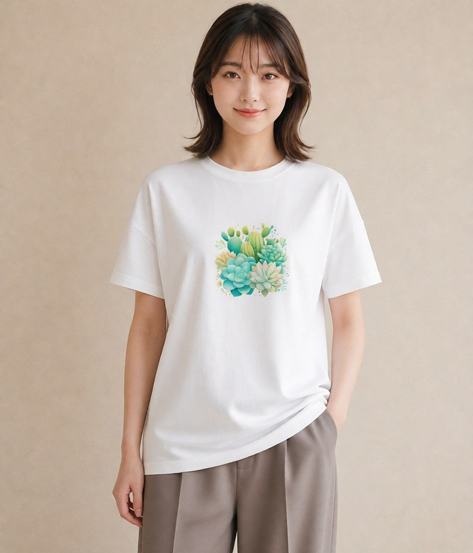 グラフィックTシャツ レディース サボテン 植物 ボタニカル イラスト ゆるかわ ビーチ デイリーウェア 白T YMAZO