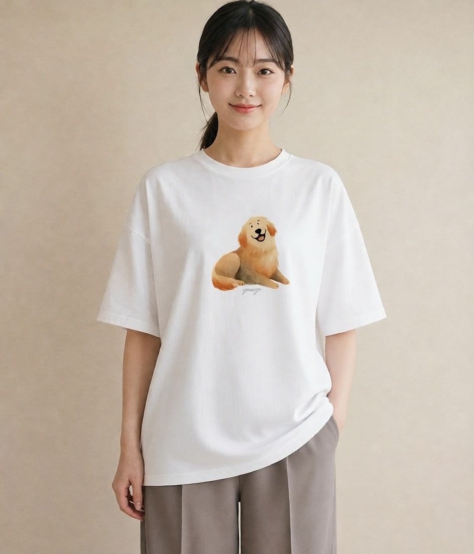 デザインTシャツ レディース ゴールデンレトリバー ゴールデン 犬 いぬ イラスト 上品 ミセス 春コーデ 白T YMAZO