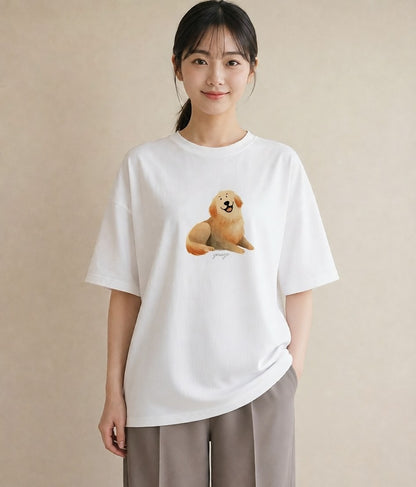 デザインTシャツ レディース ゴールデンレトリバー ゴールデン 犬 いぬ イラスト 上品 ミセス 春コーデ 白T YMAZO