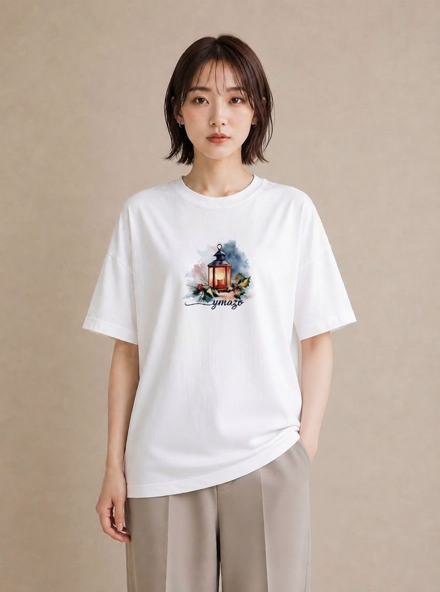 Tシャツ レディース 街灯 夜霧 夜 ナチュラル アンティーク イラスト 抜け感 お揃い 親子 白T YMAZO