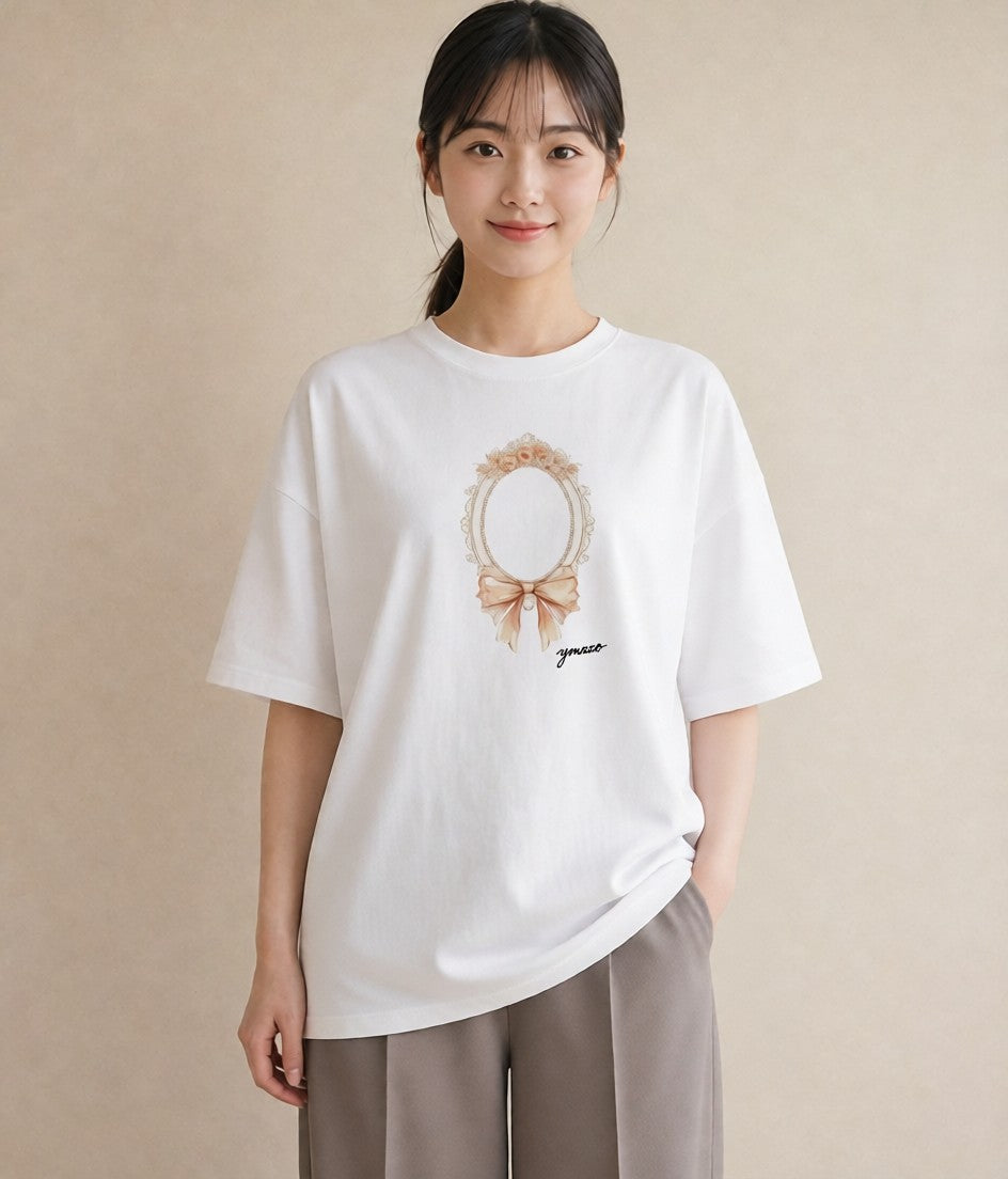 デザインTシャツ レディース 手鏡 アンティーク レトロ ナチュラル イラスト おしゃれギフト 社会人 白T YMAZO