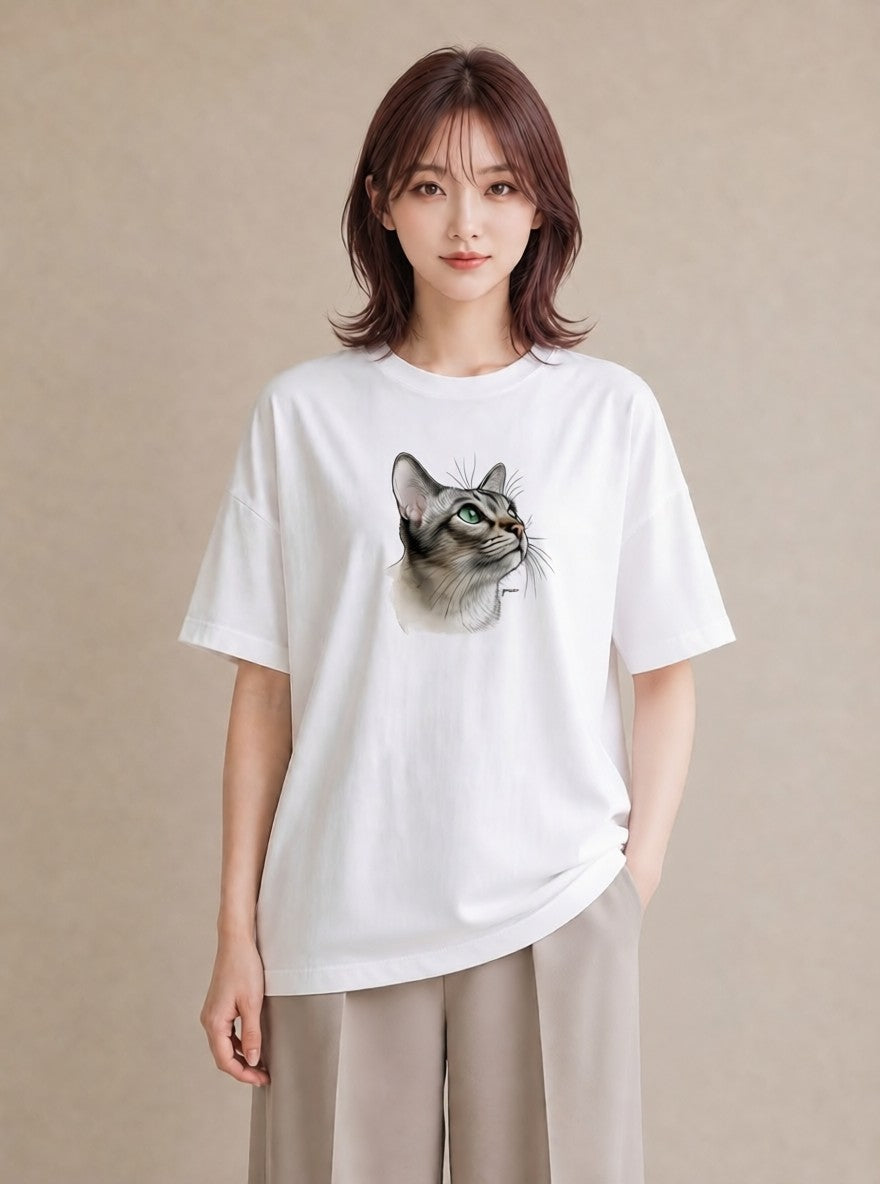 デザインTシャツ レディース アメリカンショートヘア 猫 ねこ イラスト こなれ感 秋コーデ おしゃれギフト 白T YMAZO
