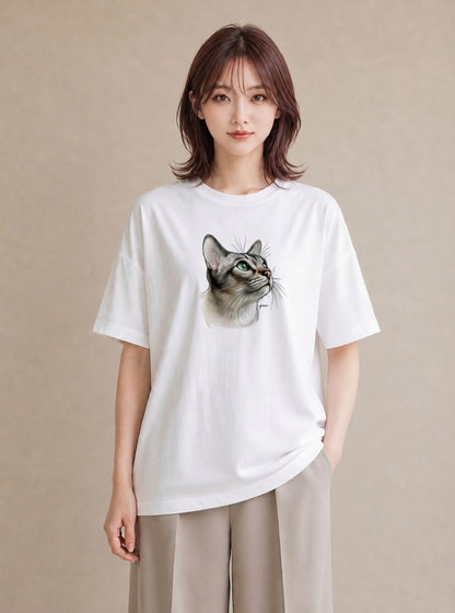 デザインTシャツ レディース アメリカンショートヘア 猫 ねこ イラスト こなれ感 秋コーデ おしゃれギフト 白T YMAZO