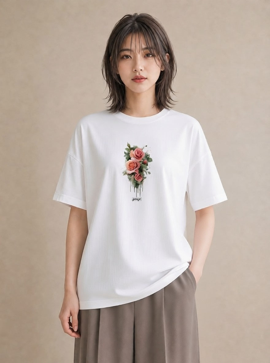 半袖Tシャツ レディース 花 花柄 イラスト 抜け感 通学 誕生日プレゼント 白T YMAZO