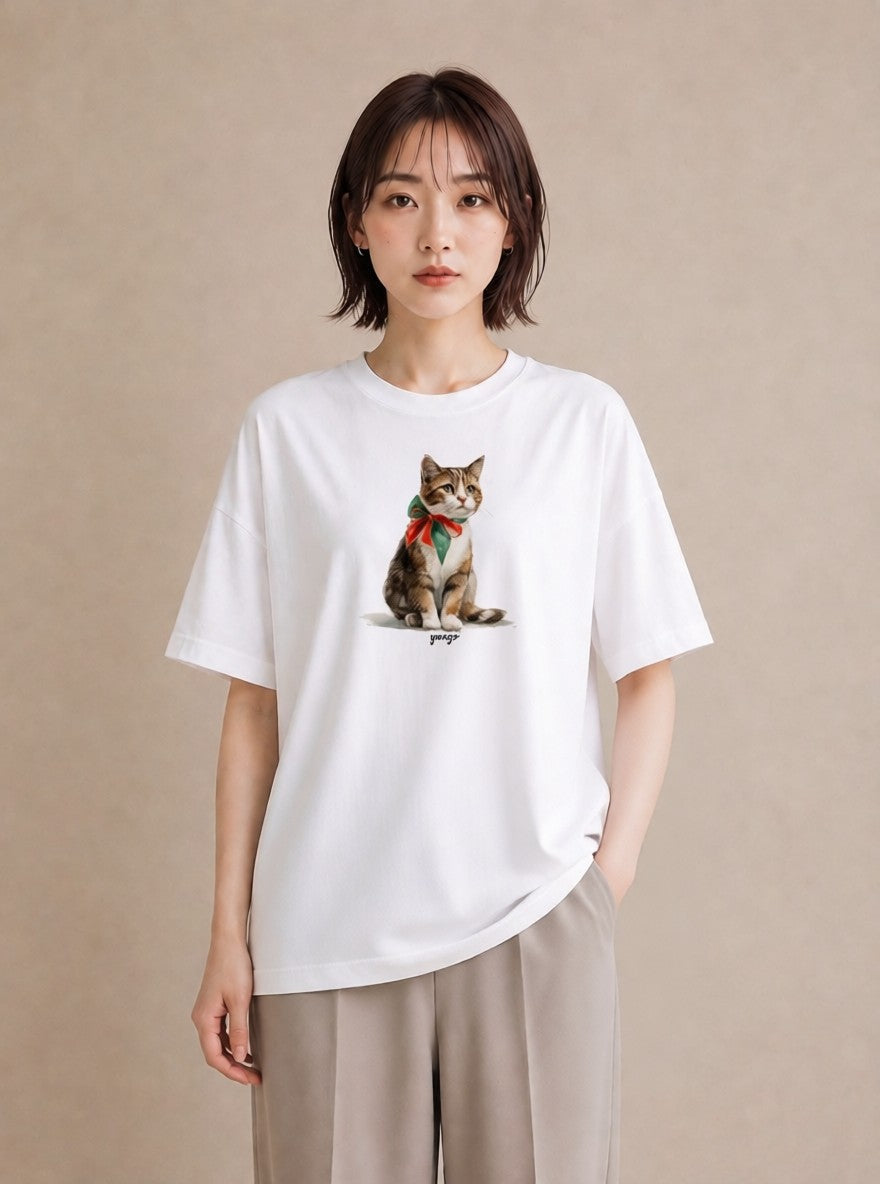 半袖Tシャツ レディース サバトラ 猫 ねこ イラスト シック ビーチ デイリーウェア 白T YMAZO