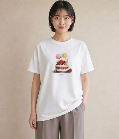デザインTシャツ レディース ショートケーキ 食べ物 フード イラスト ヴィンテージ風 春服 ミセス 白T YMAZO