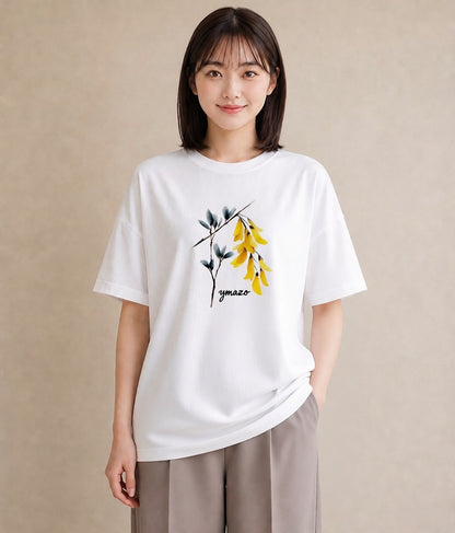 半袖Tシャツ レディース ミモザ 花 花柄 イラスト 淡色 カジュアルコーデ 買い物 白T YMAZO