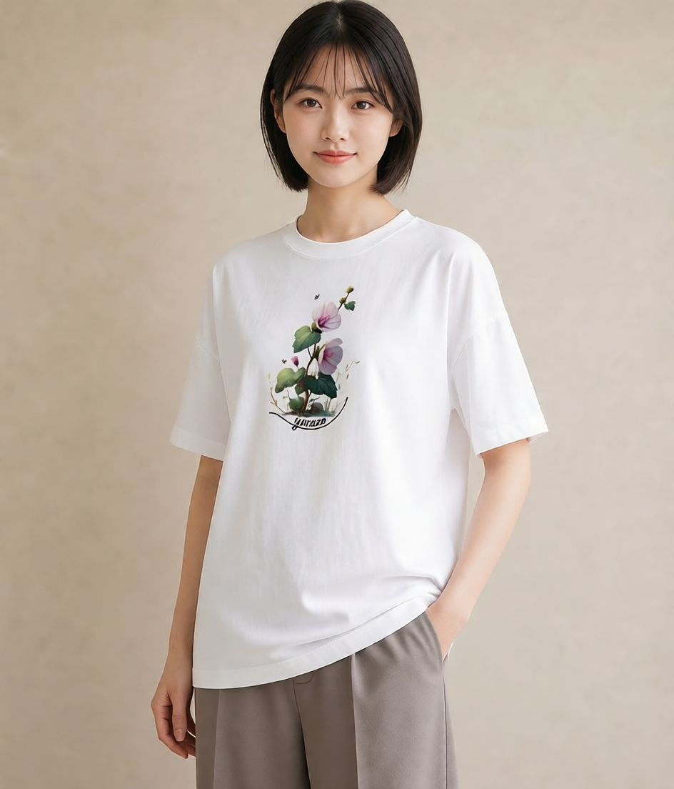 Tシャツ レディース クローバー 四つ葉 花 花柄 イラスト ラフカジュアル 社会人 女性 白T YMAZO
