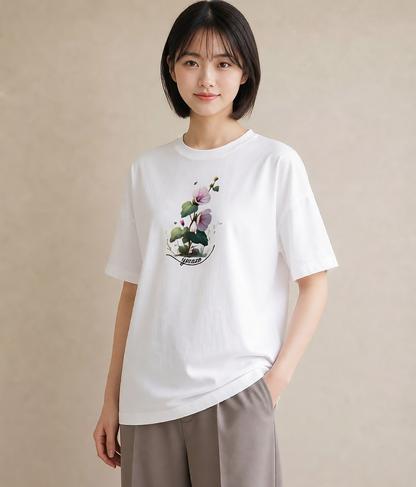 Tシャツ レディース クローバー 四つ葉 花 花柄 イラスト ラフカジュアル 社会人 女性 白T YMAZO