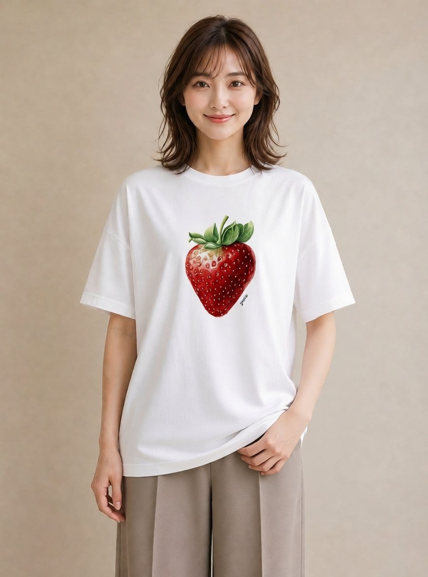 グラフィックTシャツ レディース いちご 苺 ストロベリー 食べ物 フード イラスト 個性的 綿100 デート 白T YMAZO