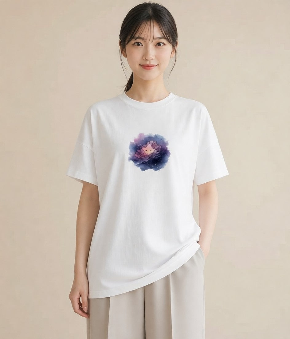 プリントTシャツ レディース 宇宙 星空 イラスト きれいめカジュアル カフェ巡り 女子会 白T YMAZO