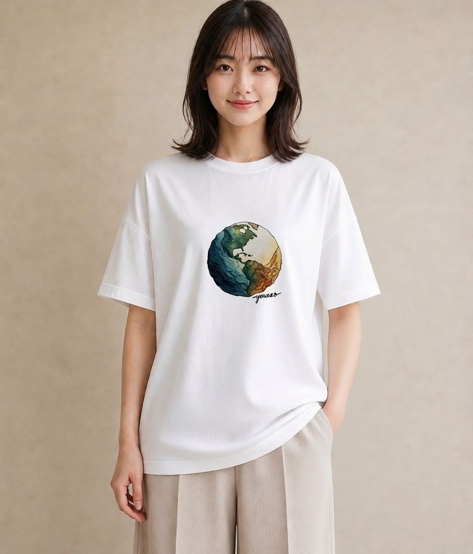 Tシャツ レディース プラネット 星空 宇宙 イラスト 淡色 綿100 デート 白T YMAZO