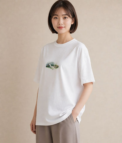 半袖Tシャツ レディース 小川 橋 せせらぎ ナチュラル アンティーク イラスト 週末コーデ 敬老の日 白T YMAZO