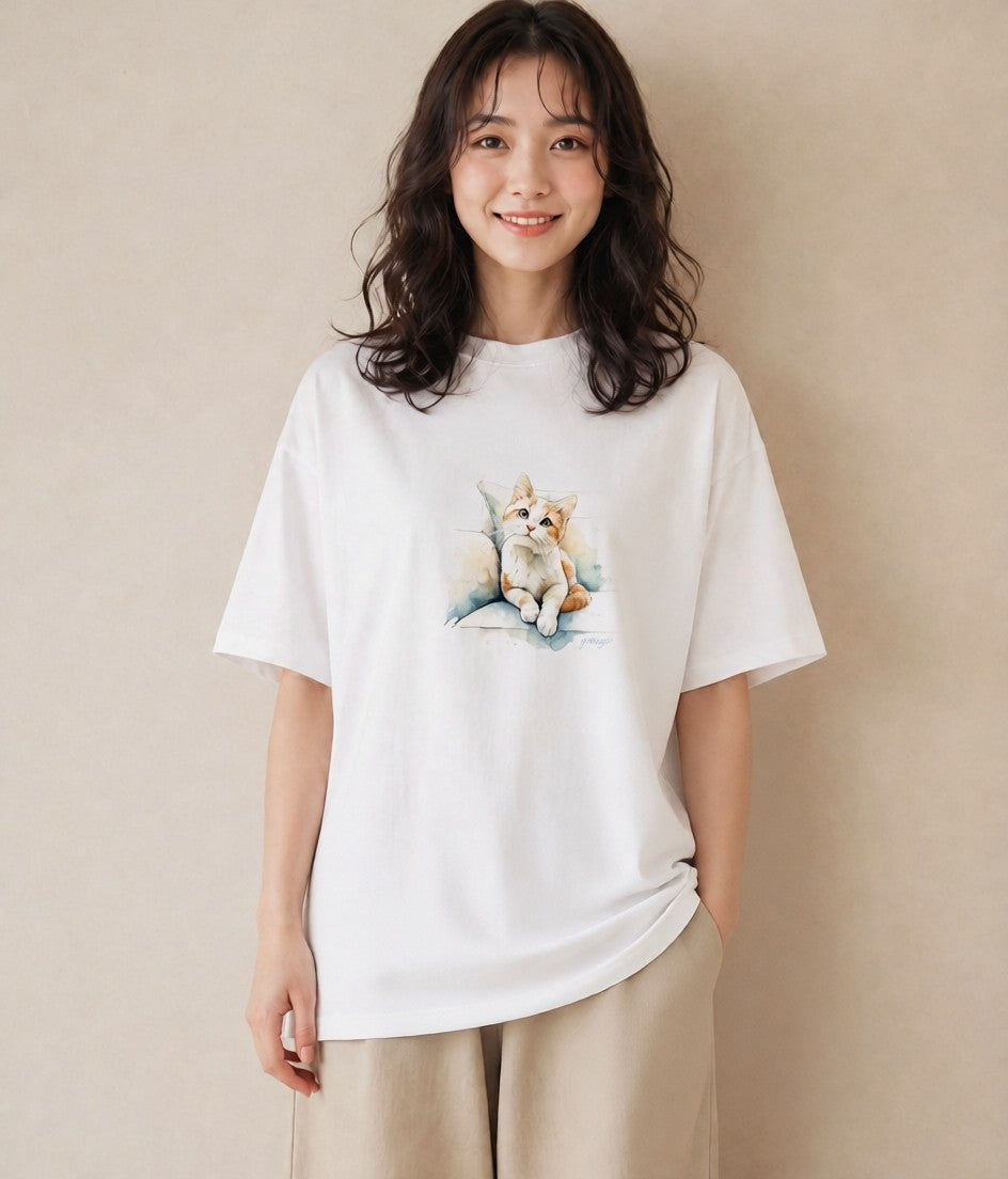 Tシャツ レディース ベンガル 猫 ねこ イラスト 手描き風 海 カフェ巡り 白T YMAZO
