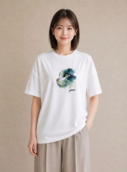 グラフィックTシャツ レディース アメリカンショートヘア 猫 ねこ イラスト ポップ カジュアルコーデ 買い物 白T YMAZO