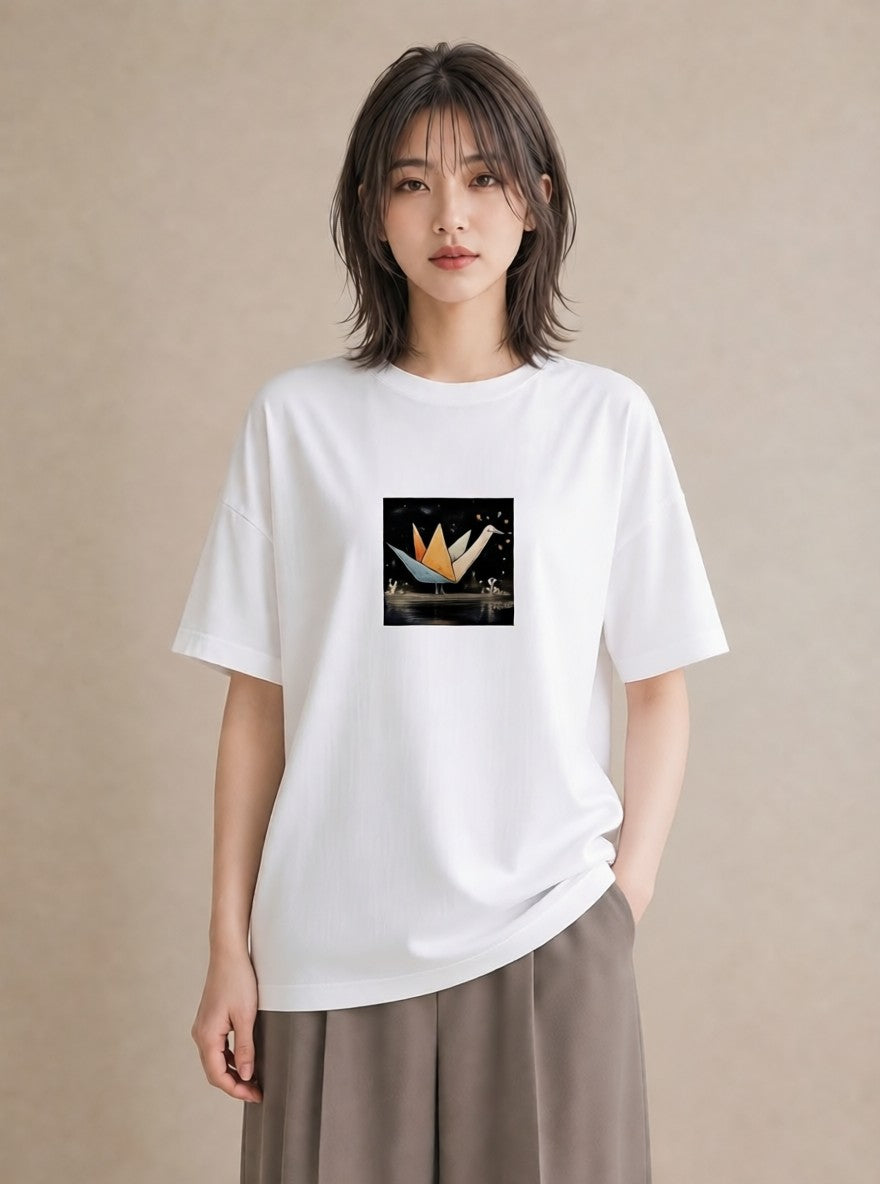デザインTシャツ レディース 折り鶴 折り紙 ナチュラル アンティーク イラスト アート風 公園 ママ 白T YMAZO