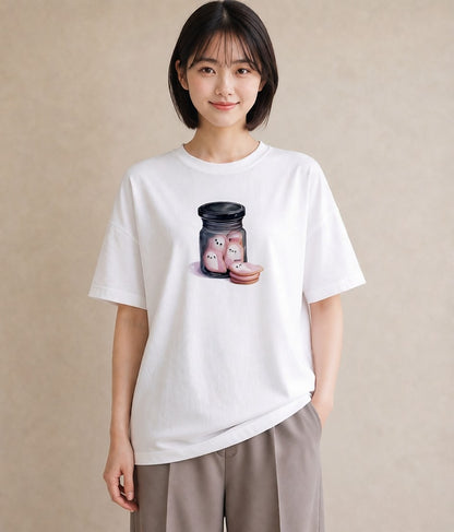 Tシャツ レディース マカロン 食べ物 フード イラスト ミニマル デイリーウェア 休日 白T YMAZO