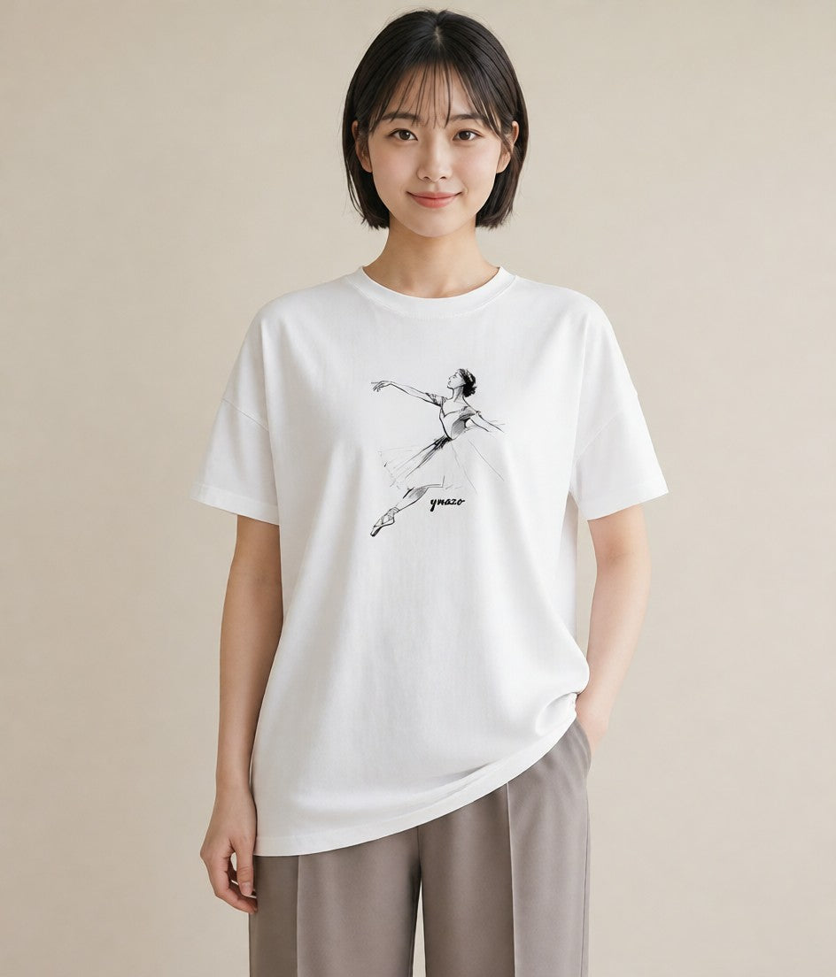 半袖Tシャツ レディース バレエシューズ バレエ トウシューズ ナチュラル アンティーク イラスト レイヤード 友達ギフト 白T YMAZO