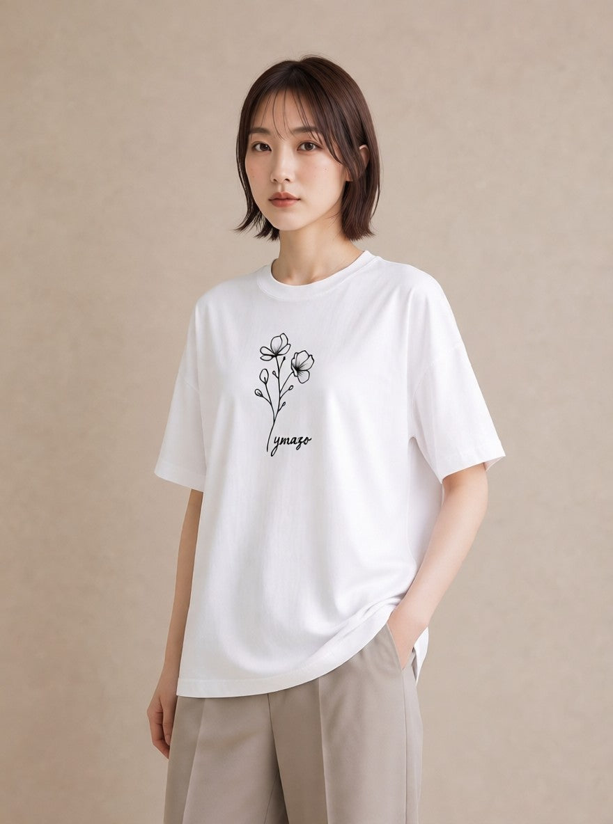 半袖Tシャツ レディース 小花 花 フラワー イラスト ユニーク ペアコーデ 秋コーデ 白T YMAZO