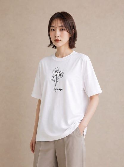 半袖Tシャツ レディース 小花 花 フラワー イラスト ユニーク ペアコーデ 秋コーデ 白T YMAZO