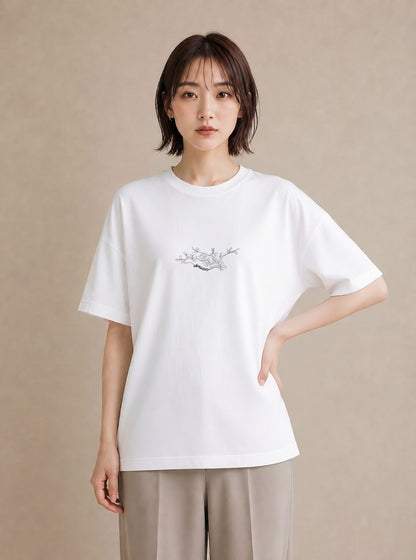 プリントTシャツ レディース さくら 桜 桜の枝 イラスト 淡色 カフェ服 クリスマス 白T YMAZO