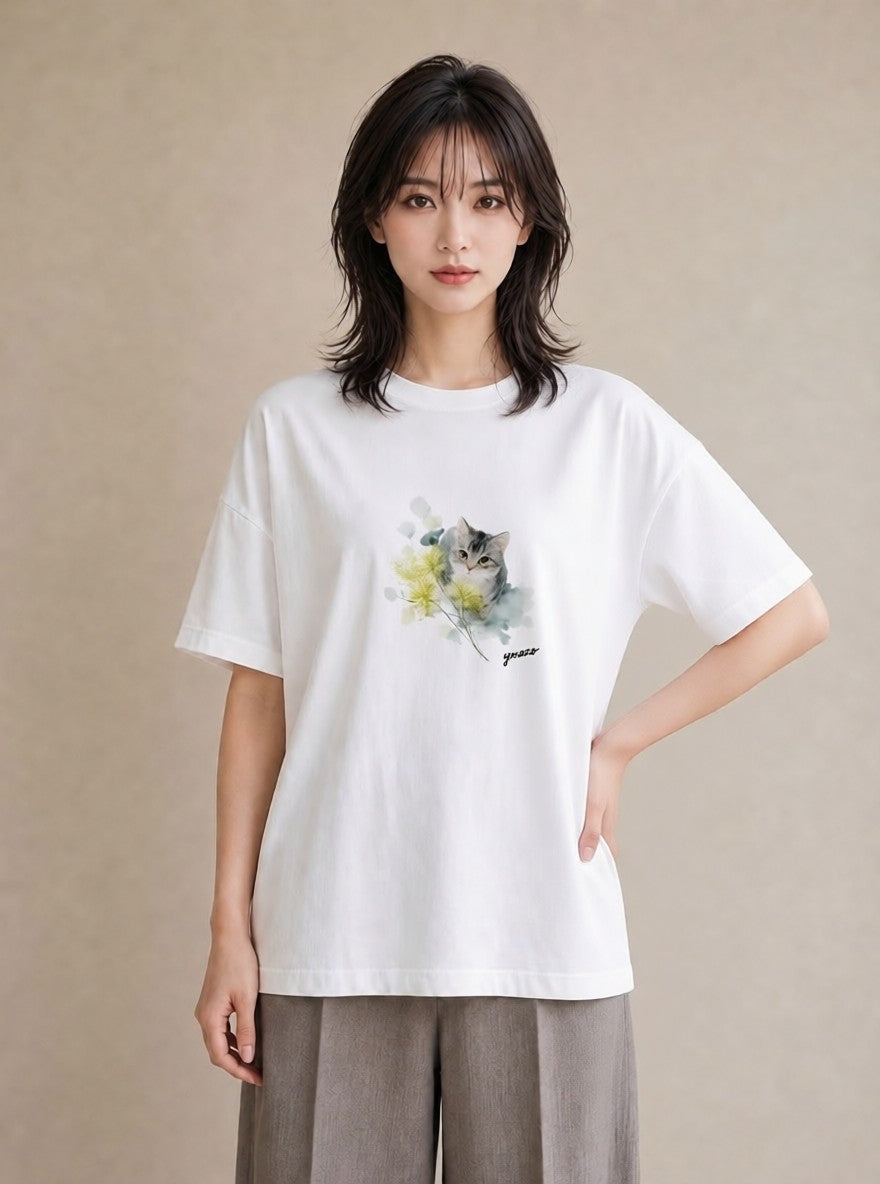 プリントTシャツ レディース 猫好き 猫 ねこ イラスト 淡色 友達ギフト 部屋着 白T YMAZO