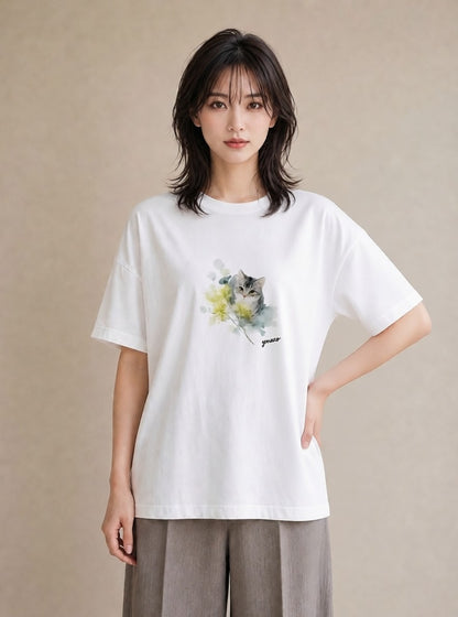 プリントTシャツ レディース 猫好き 猫 ねこ イラスト 淡色 友達ギフト 部屋着 白T YMAZO