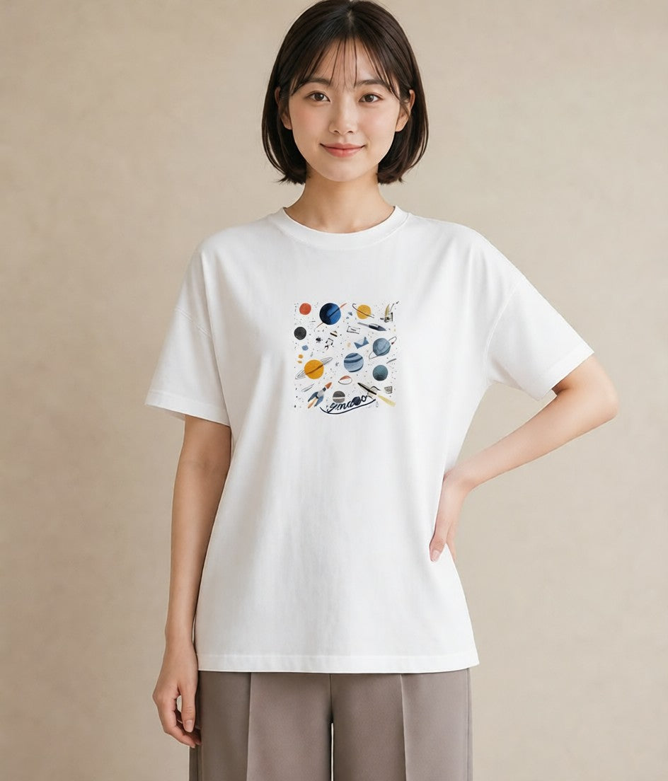 グラフィックTシャツ レディース 宇宙 星空 イラスト シック レイヤード 友達ギフト 白T YMAZO