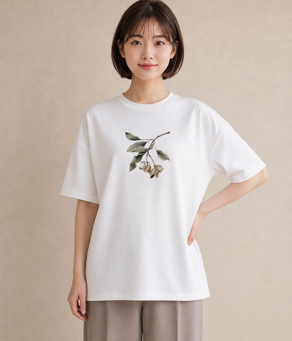 半袖Tシャツ レディース 金木犀 花 花柄 イラスト こなれ感 通勤 在宅 白T