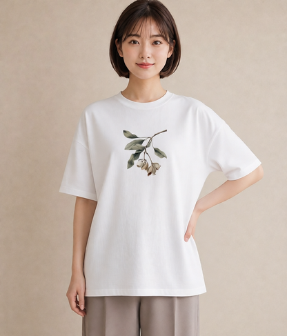 半袖Tシャツ レディース 金木犀 花 花柄 イラスト こなれ感 通勤 在宅 白T