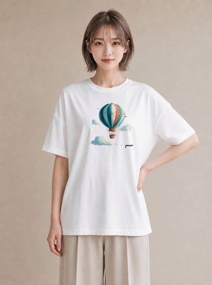 半袖Tシャツ レディース 気球 星空 宇宙 イラスト ナチュラル 旅行用 海 白T YMAZO