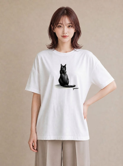 Tシャツ レディース 黒猫 猫 ねこ イラスト ユニーク 散歩 お出かけ 白T YMAZO