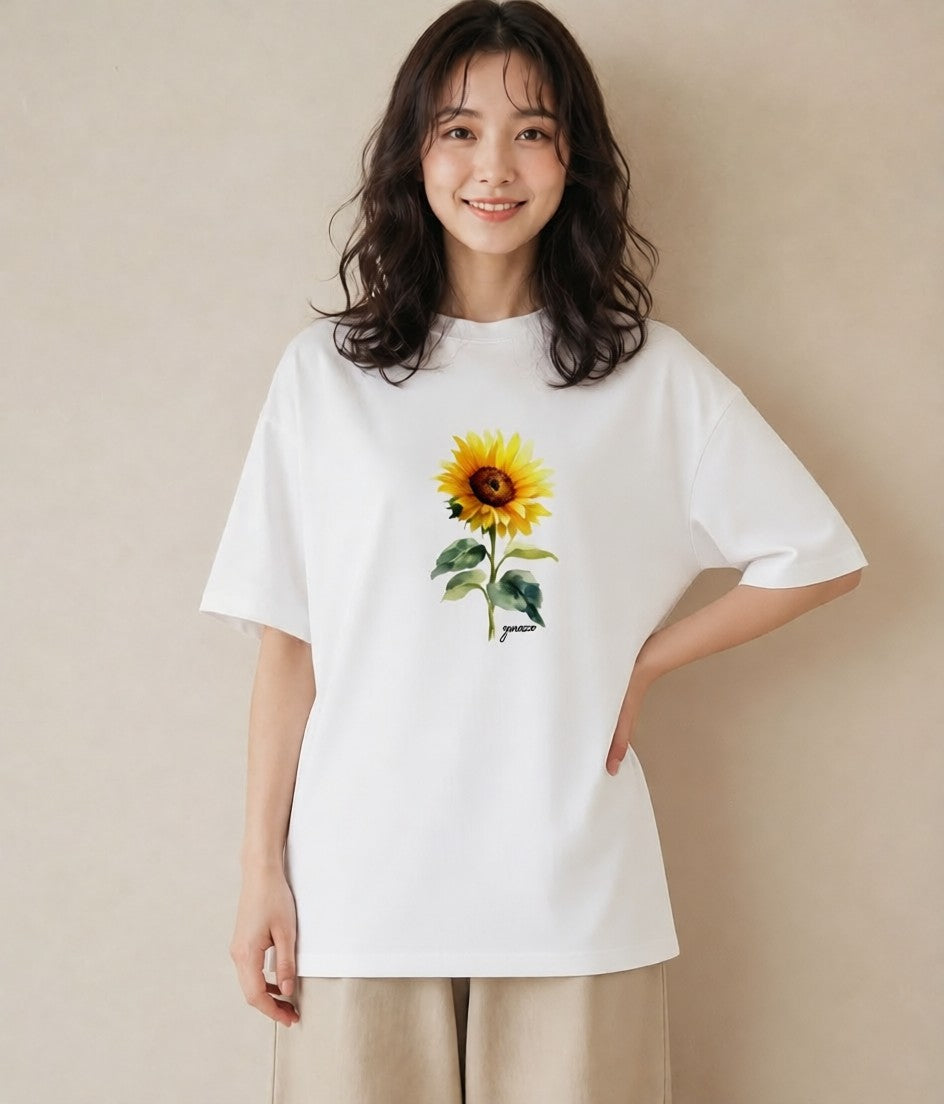 デザインTシャツ レディース ひまわり 向日葵 花 花柄 イラスト ゆるかわ 誕生日プレゼント 綿100 白T YMAZO