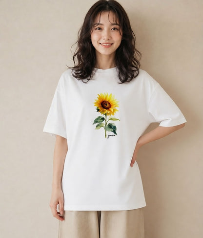 デザインTシャツ レディース ひまわり 向日葵 花 花柄 イラスト ゆるかわ 誕生日プレゼント 綿100 白T YMAZO